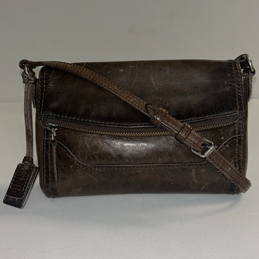 Frye Melissa Foldover brown distressed leather crossbody bag